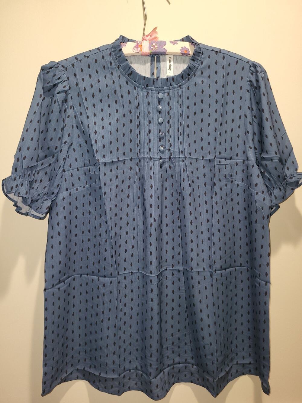 Falechay Navy Blue Black Spot Womens Top w Buttons Sz L